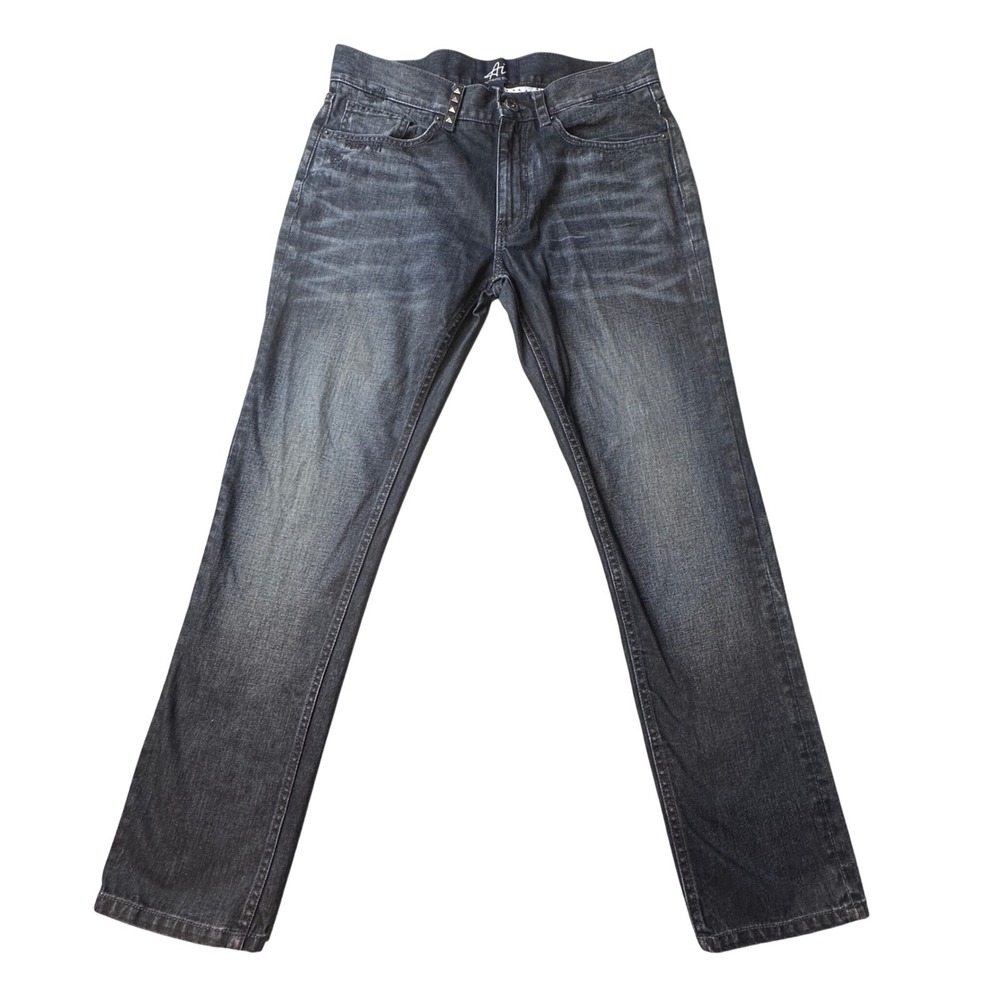 Authentic Icon Jeans Mens 32x30 Black Straight Leg Studded Denim Faded Whiskered